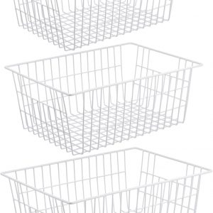 iPEGTOP Wire Freezer Stroage Baskets, 13.4 inch Set of 3 Farmhouse Storage Bins Basket Freezer Storage Organizer Bins with Handles for Kitchen Cabinets, Pantry, Closets, Bedrooms, Bathrooms- White