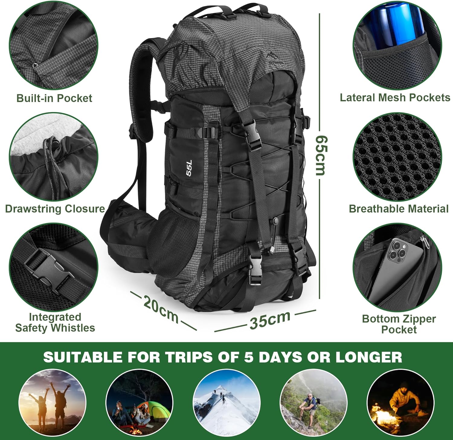Premium Hiking Camping Backpack Set, Casual Style with Inflatable Sleeping Pad, Trekking Poles, Monocular, Water Filter Bottle & LED Headlamp - Adventure Essentials for Outdoor Explorers - Image 3