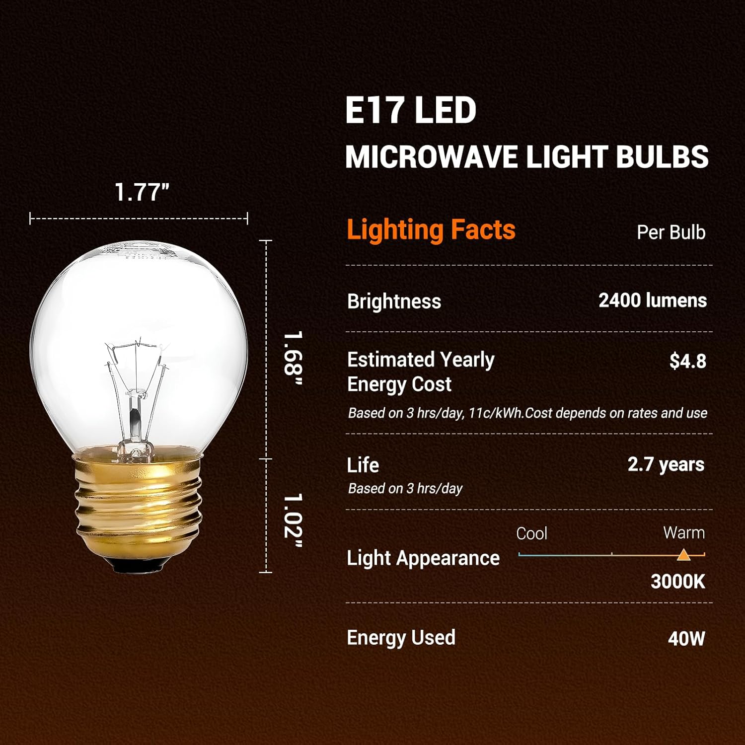 Oven Light Bulb, 40 Watt Appliance Bulb Fit for Whirlpool GE Maytag Ken-More Oven Microwave Refrigerator, G45 E26/E27 Medium Brass Base, 110v/120v/130v, High Temp - 4 Pack - Image 7